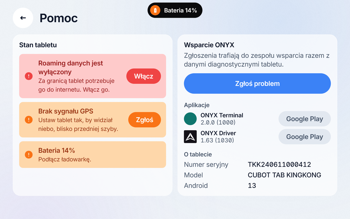 Pomoc w ONYX Terminal: stan tabletu i wsparcie
